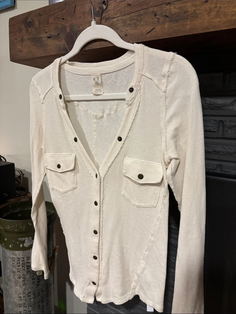Women’s Free People Cream Button-Front Shirt with Pocket Details